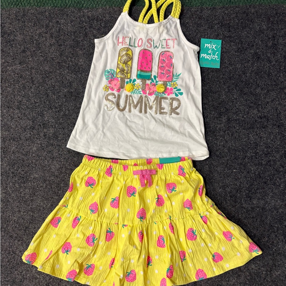 Girls' White 'Hello Sweet Summer' Tank with Yellow Strawberry Skirt